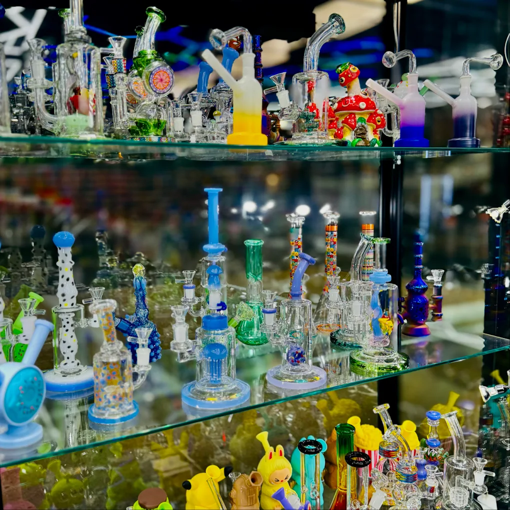 Glassware bongs and dab rigs display case at EZ Smoke House Hampton Virginia