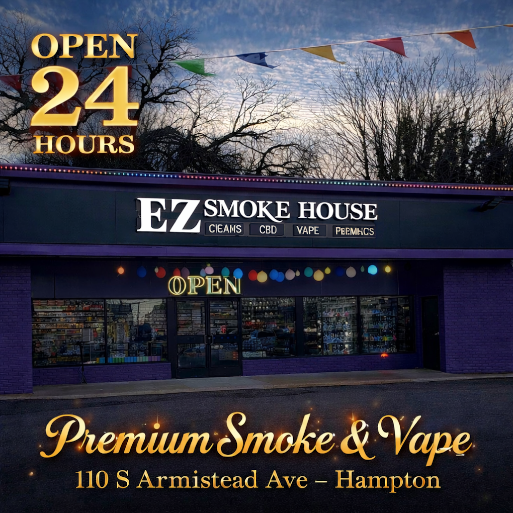 EZ Smoke House purple storefront in daylight on S Armistead Ave Hampton VA — premium smoke and vape